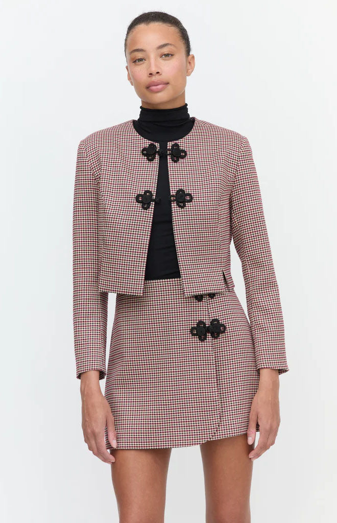 The Aubriella Jacket in Burgundy Holmes Houndstooth