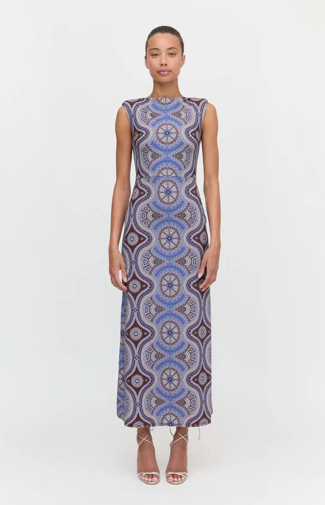 The Sloane Dress in Brown Cobalt Medallion