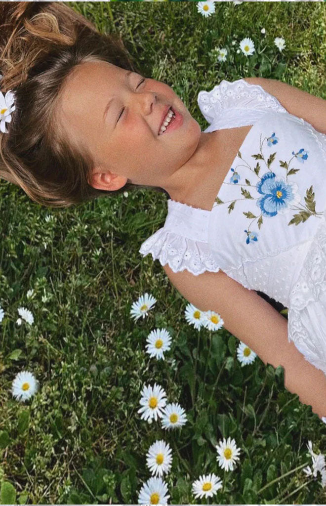 Heirloom Handkerchief Dress in Celestial Blue Pansy, 6Y