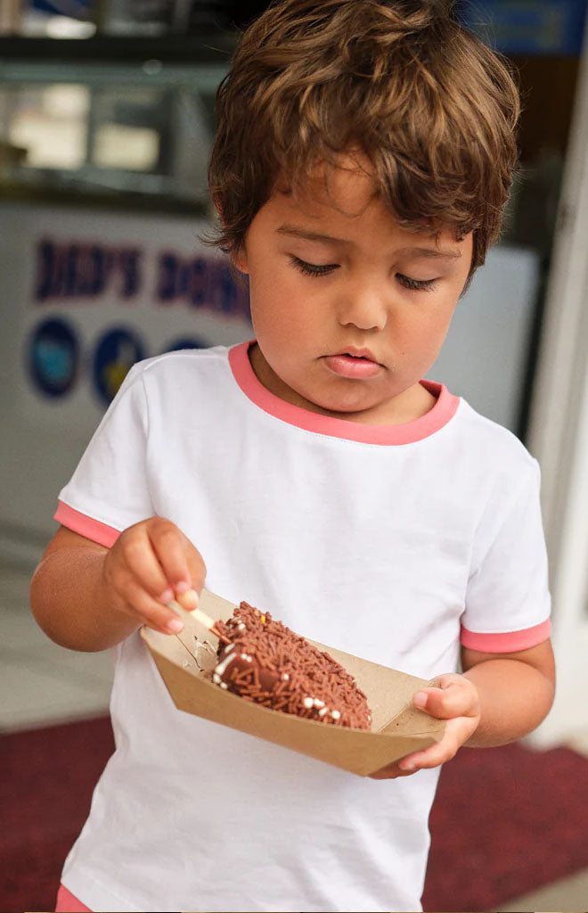 Unisex White Ringer Tee with Poppy Red Trim