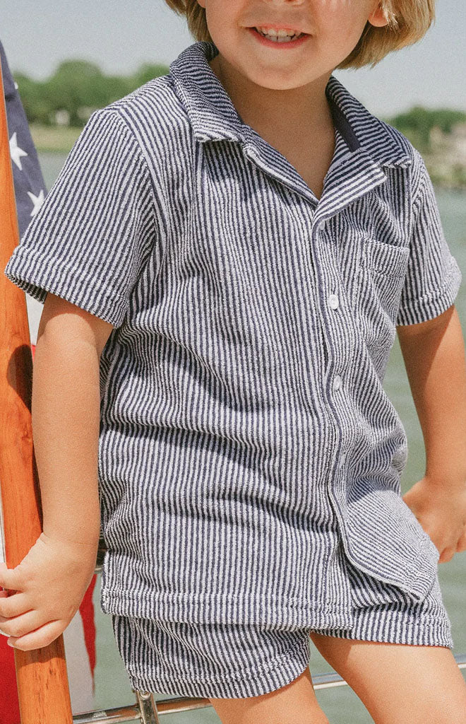Boy’s Navy Stripe French Terry Button Up