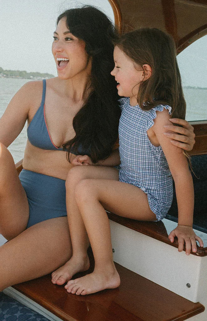 Girl’s Newport Navy Gingham Cap Sleeve Rashguard One Piece