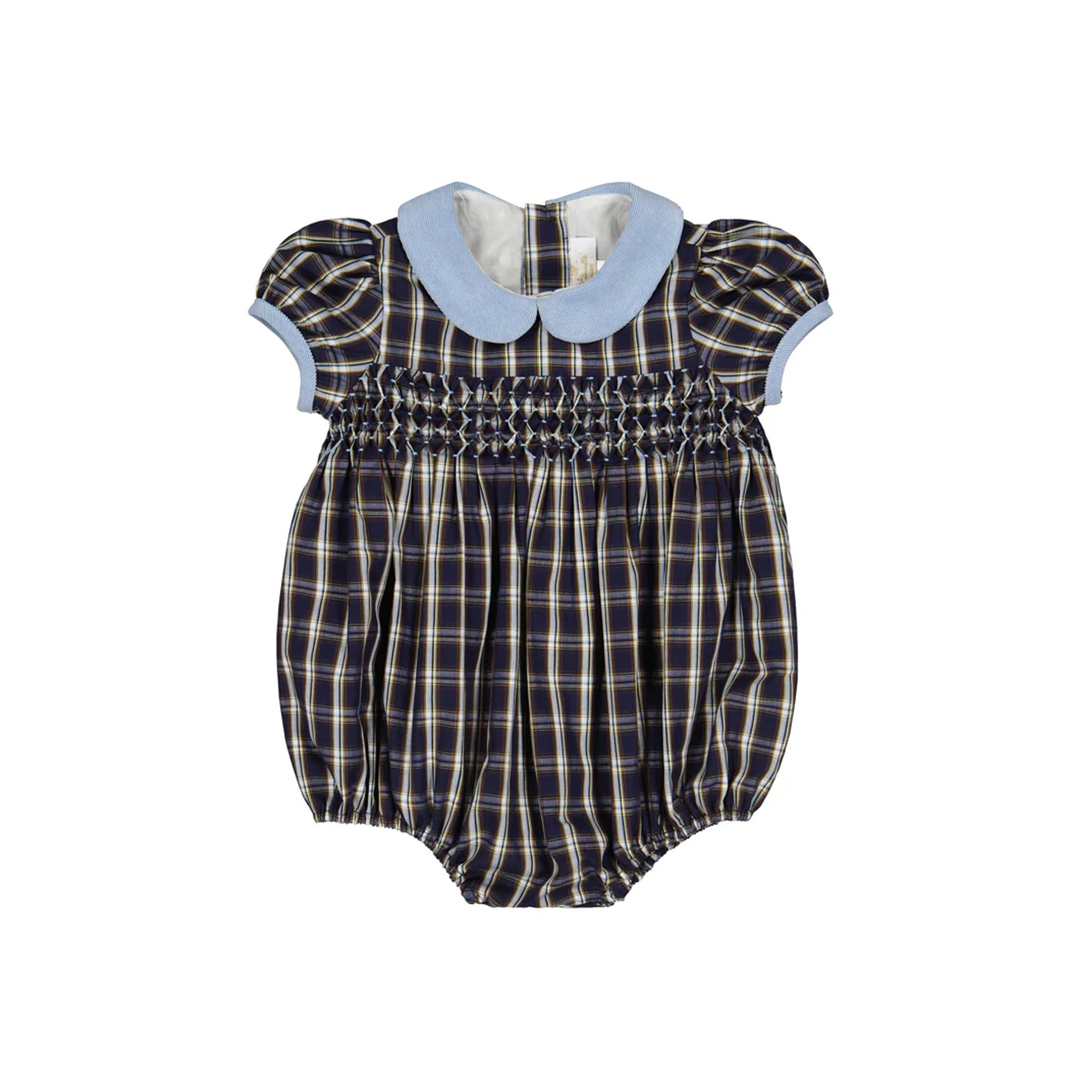 Angelica Navy Tartan Short Sleeve Smocked Bubble