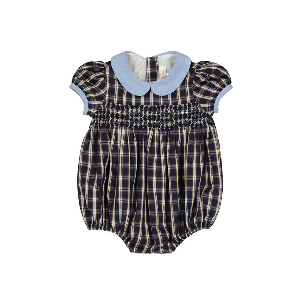 Angelica Navy Tartan Short Sleeve Smocked Bubble