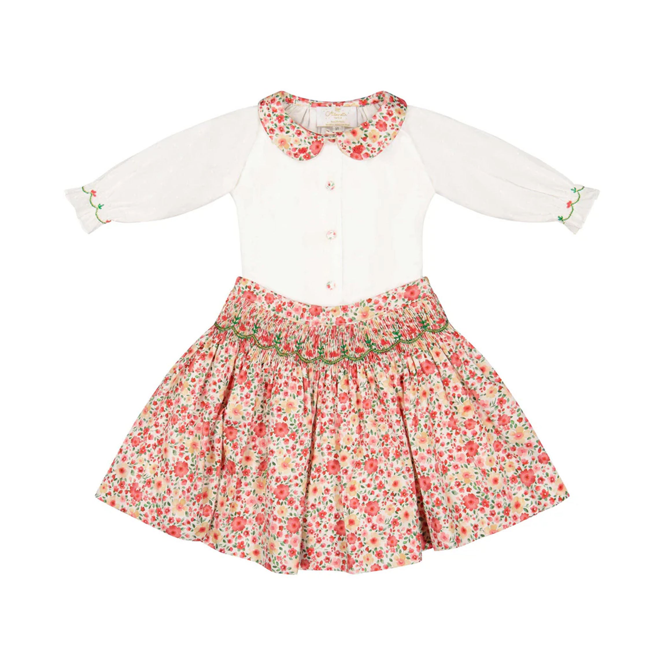 Marie Red Floral Smocked Skirt and Blouse Set