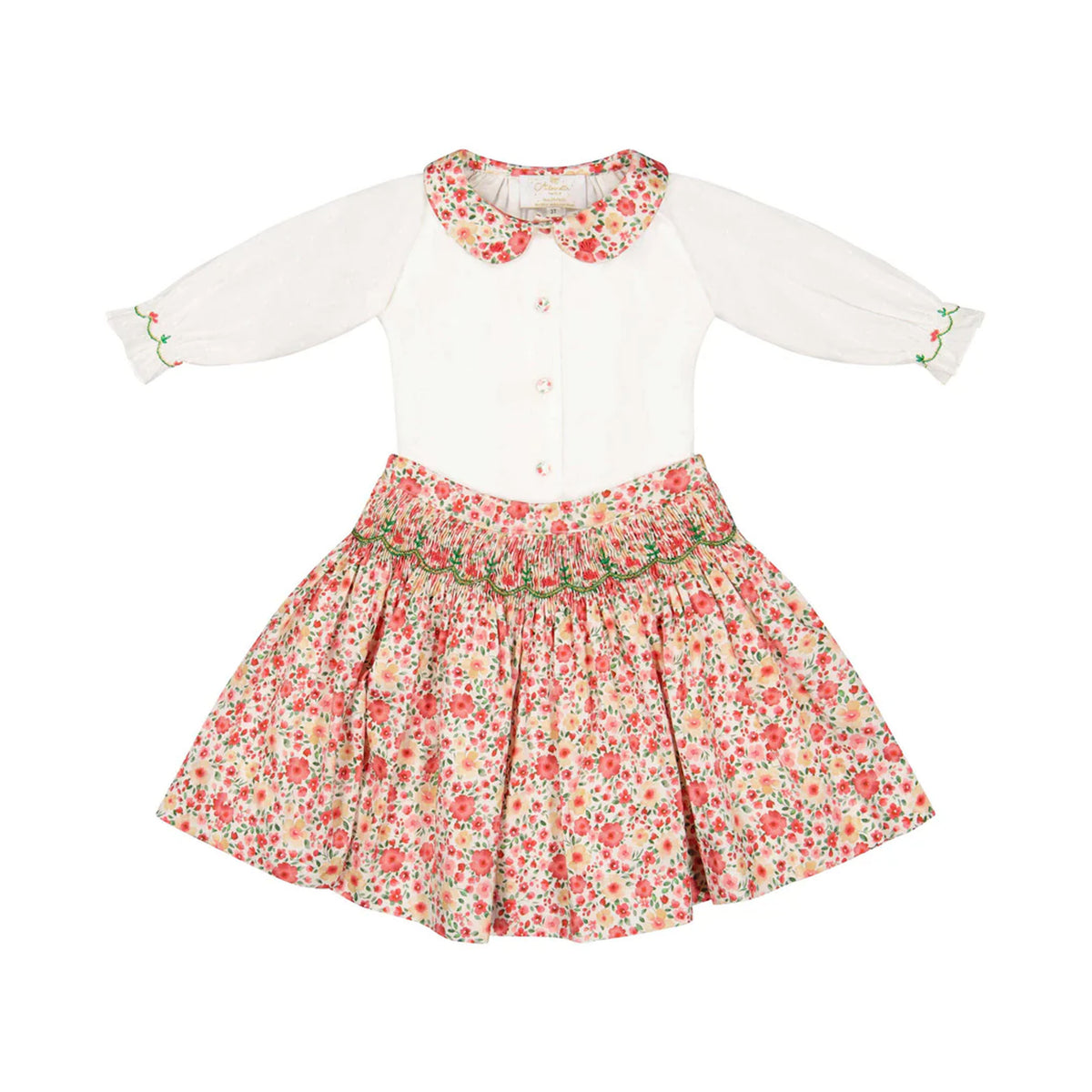 Marie Red Floral Smocked Skirt and Blouse Set