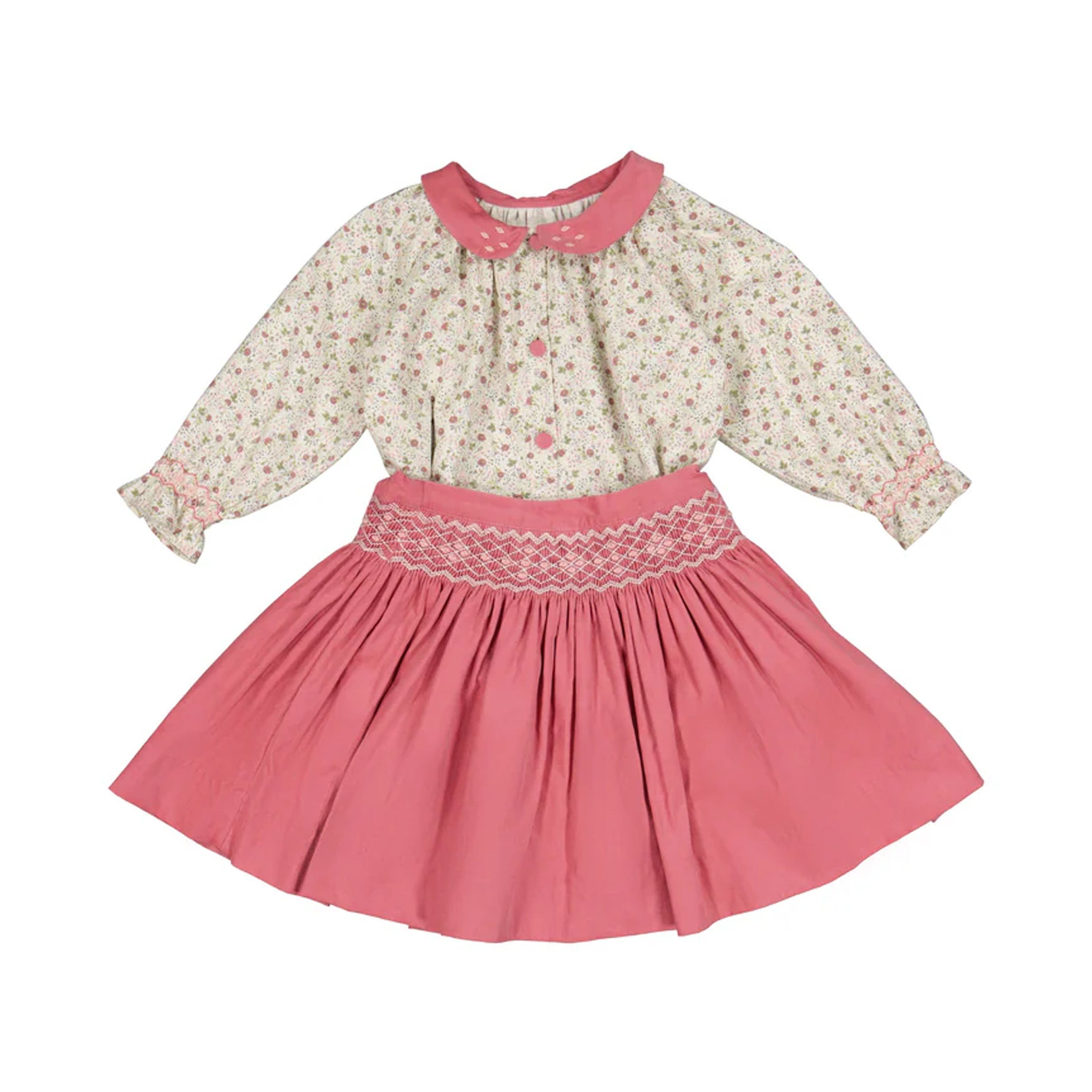 Marie Pink Floral Smocked Skirt & Blouse