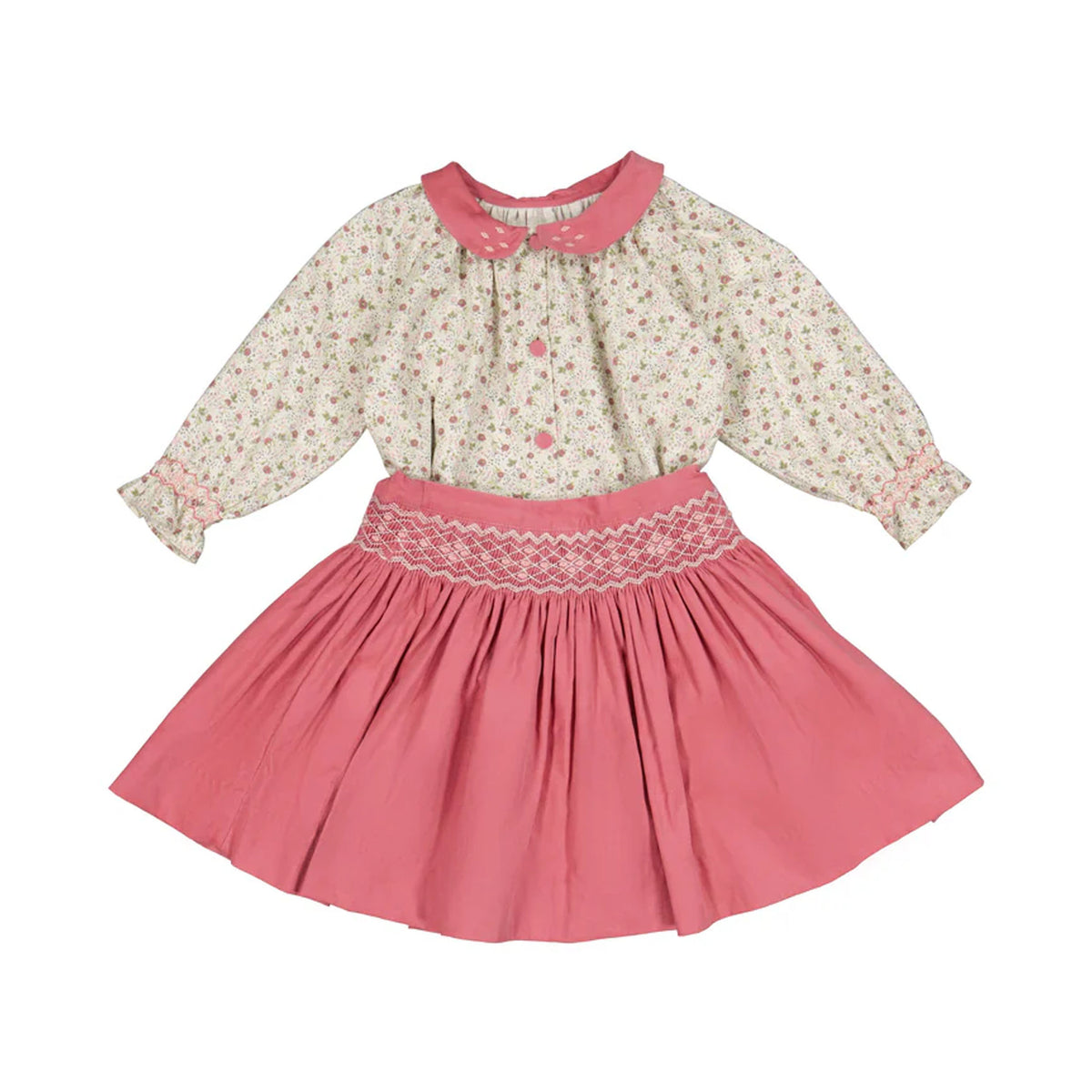Marie Pink Floral Smocked Skirt & Blouse