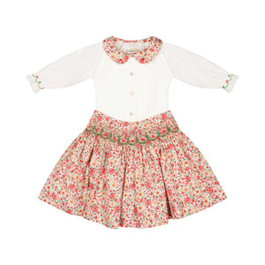 Marie Red Floral Smocked Skirt and Blouse Set