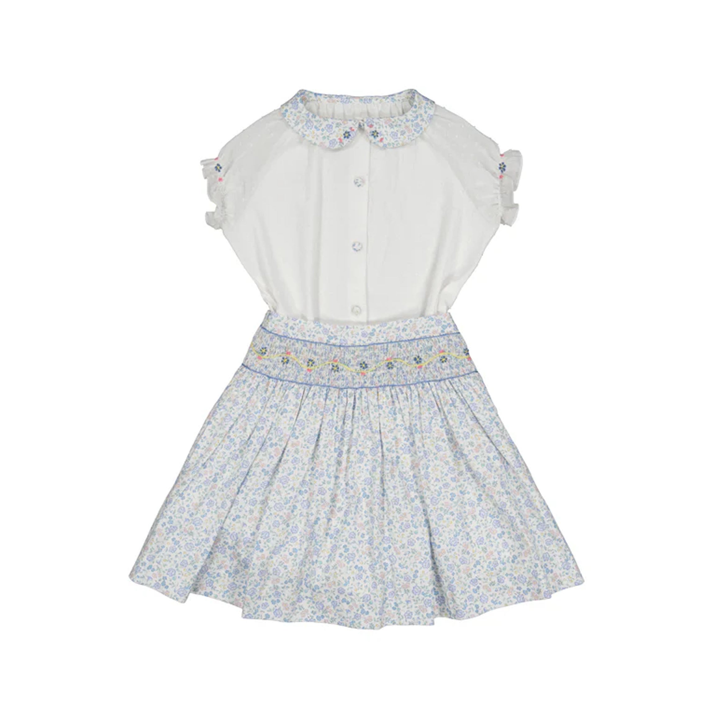 Marie Floral Blue Skirt & Short Sleeve Blouse