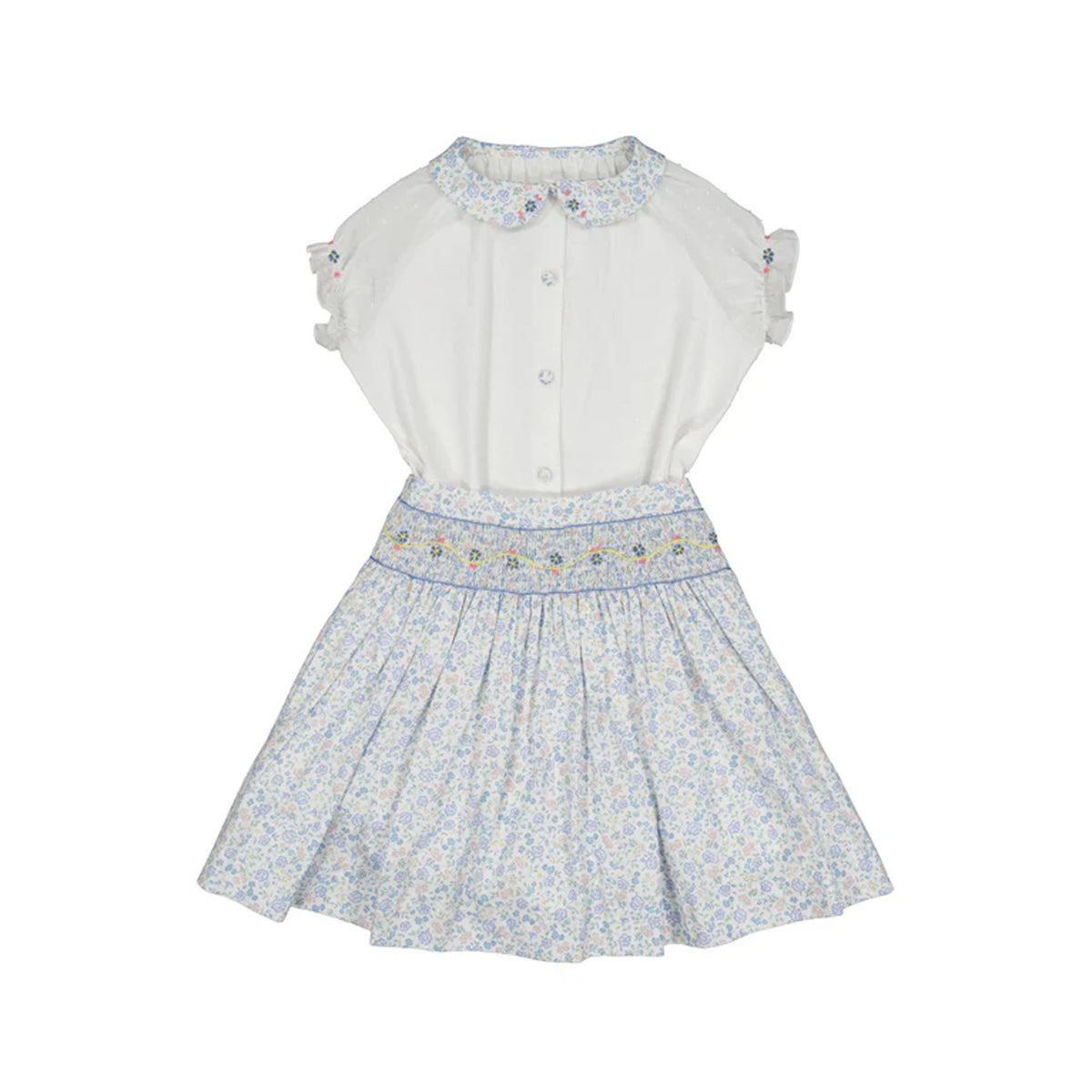 Marie Floral Blue Skirt & Short Sleeve Blouse