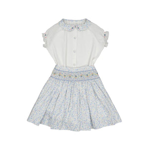 Marie Floral Blue Skirt & Short Sleeve Blouse