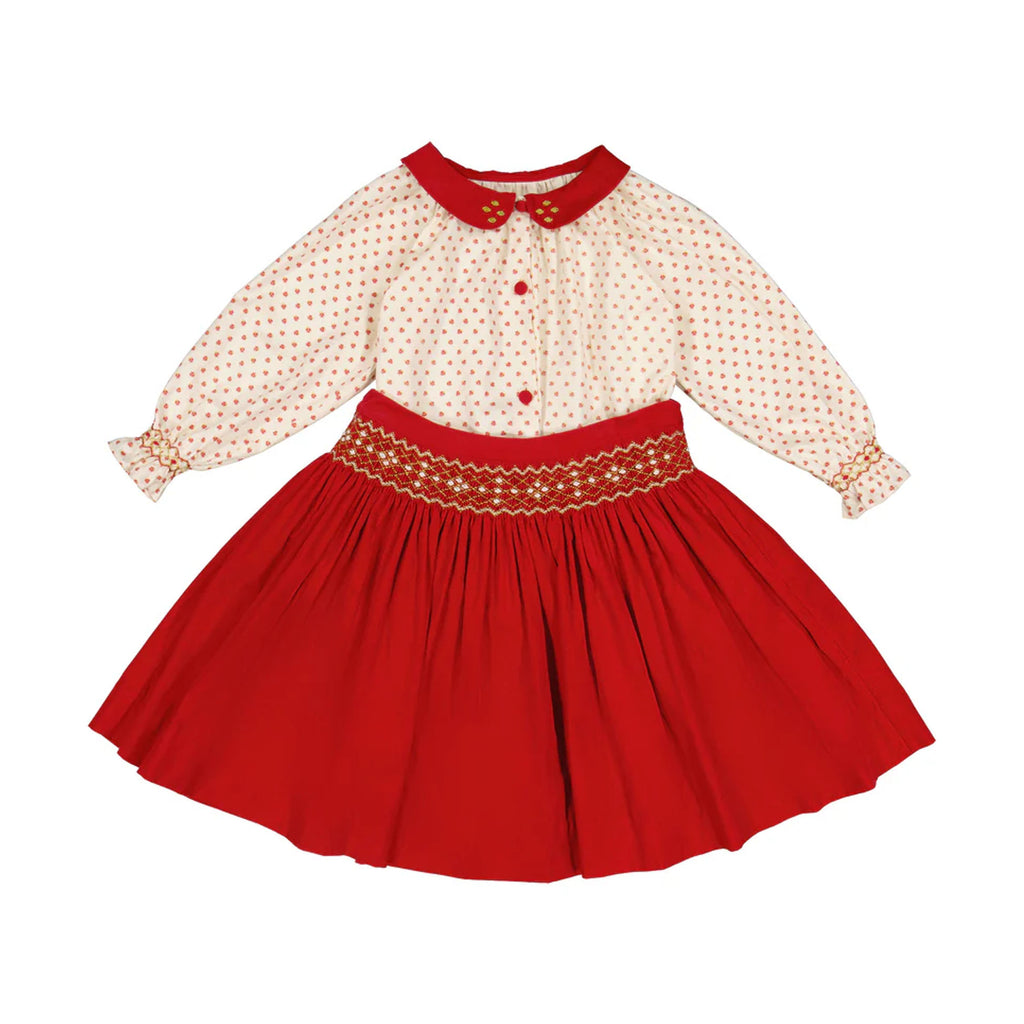 Marie Red Smocked Skirt & Blouse