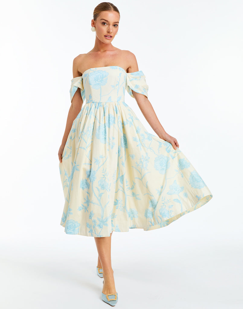 Odette Convertible Midi Dress in Ivory & Blue