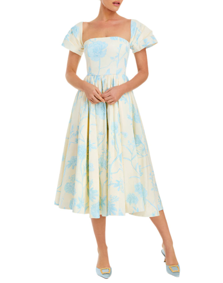 Odette Convertible Midi Dress in Ivory & Blue