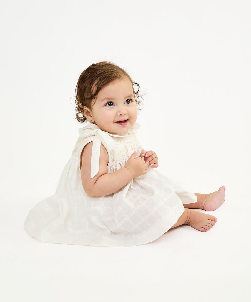 Olive Baby Dress in Cream Windowpane