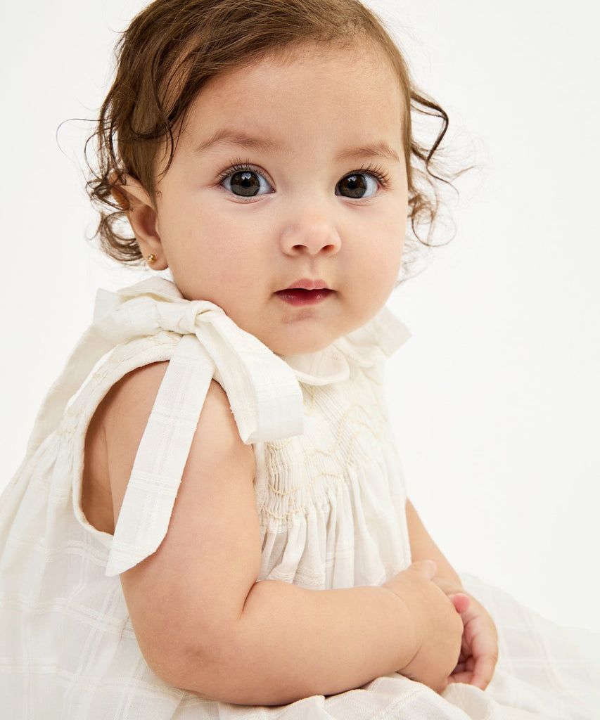 Olive Baby Dress in Cream Windowpane