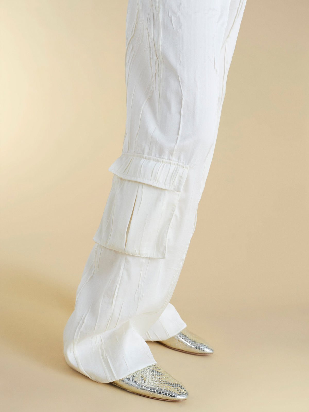 Crinkled Satin Cargo Trouser in Ivory