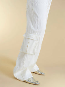 Crinkled Satin Cargo Trouser in Ivory