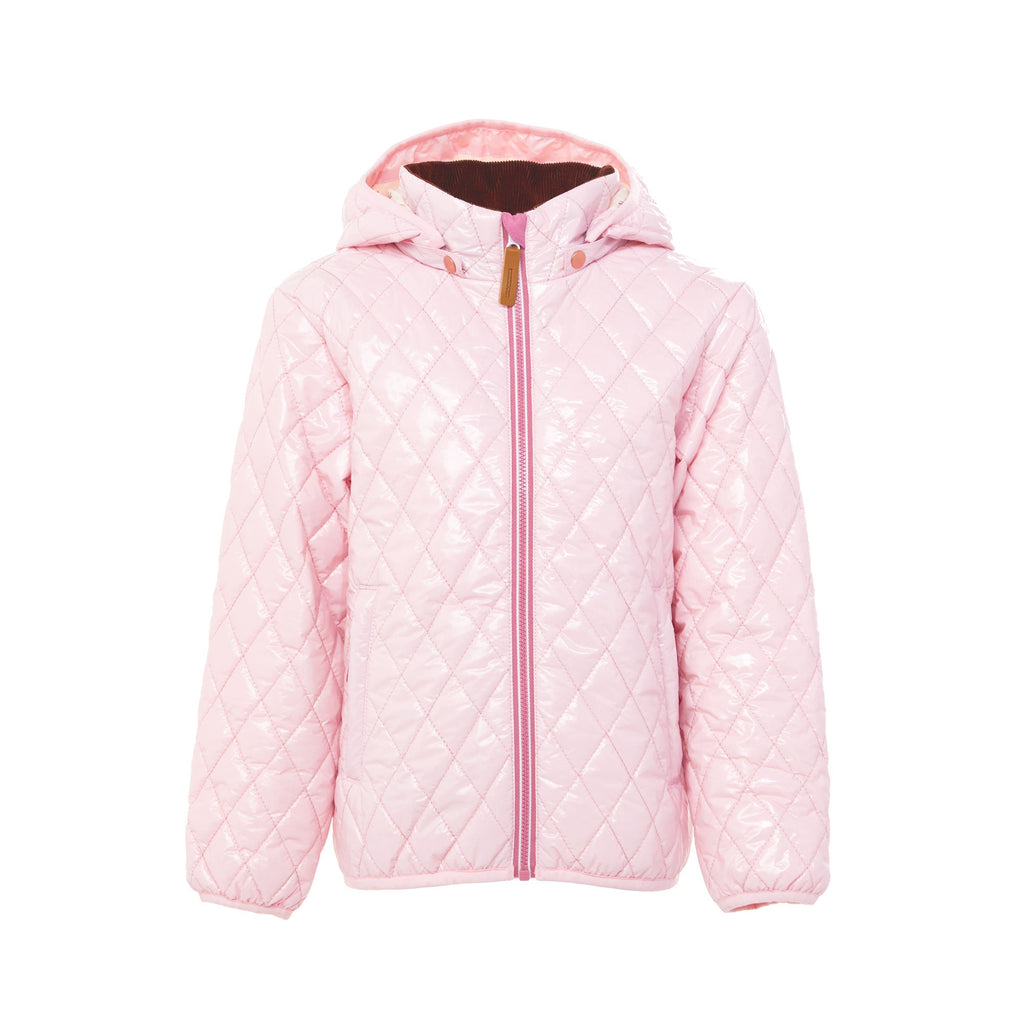 Girls and women shiny light pink puffer jacket for fall and winter, designed as a warm in-between layer with removable hood, insulated core, and water-resistant fabric