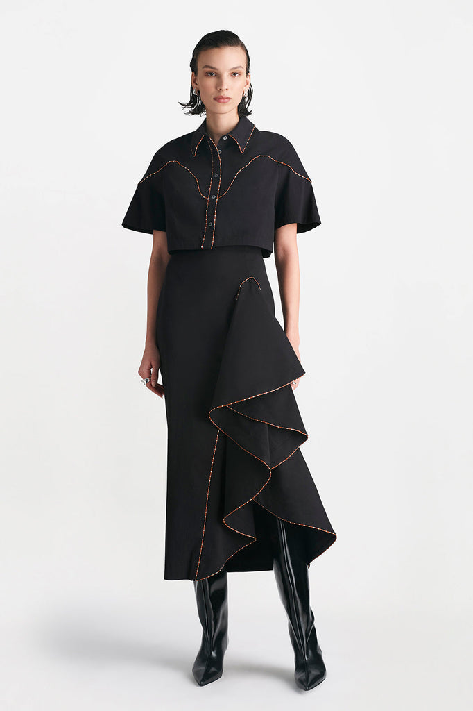 Cotton Poplin Ruffle Detail Pencil Skirt in Black