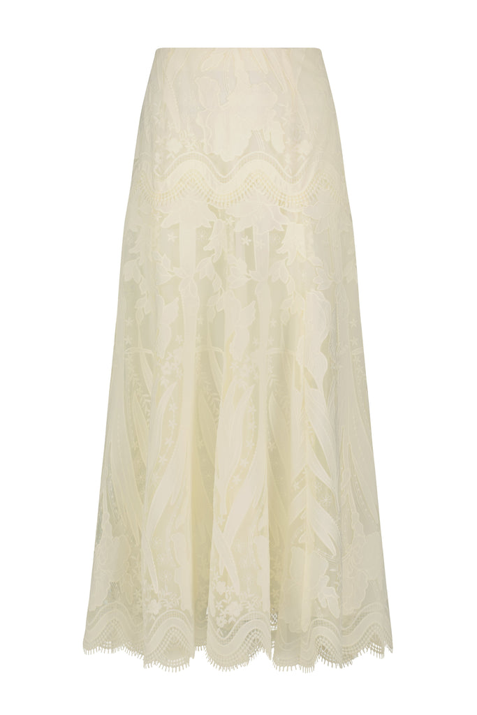 Floral Embroidered Tulle A Line Skirt in Cream