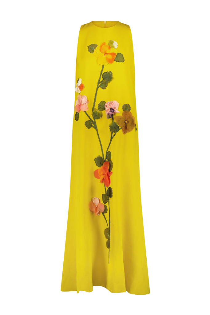 Fluid Crepe Floral Embroidery Francie Gown in Mustard Multi