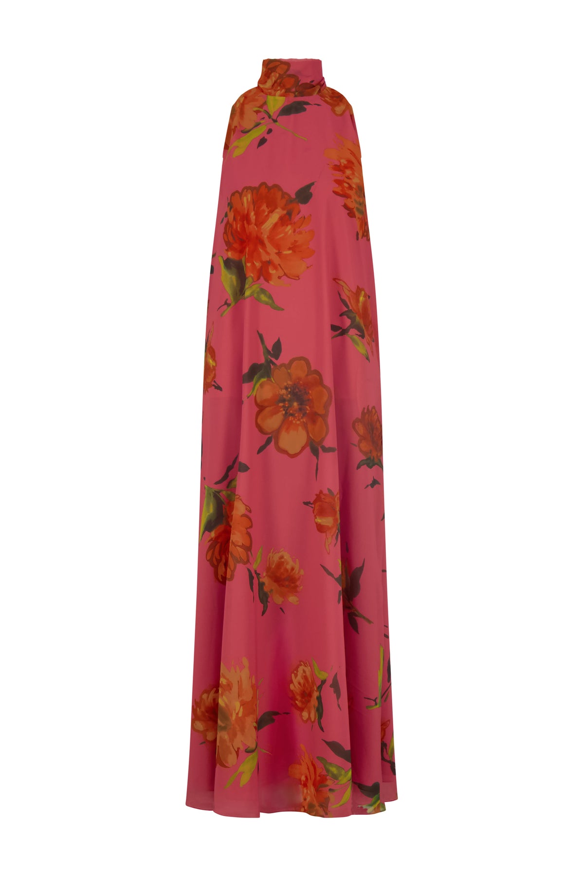 Floral Printed Chiffon Sleeveless Tie Neck Maxi Dress in Berry Multi