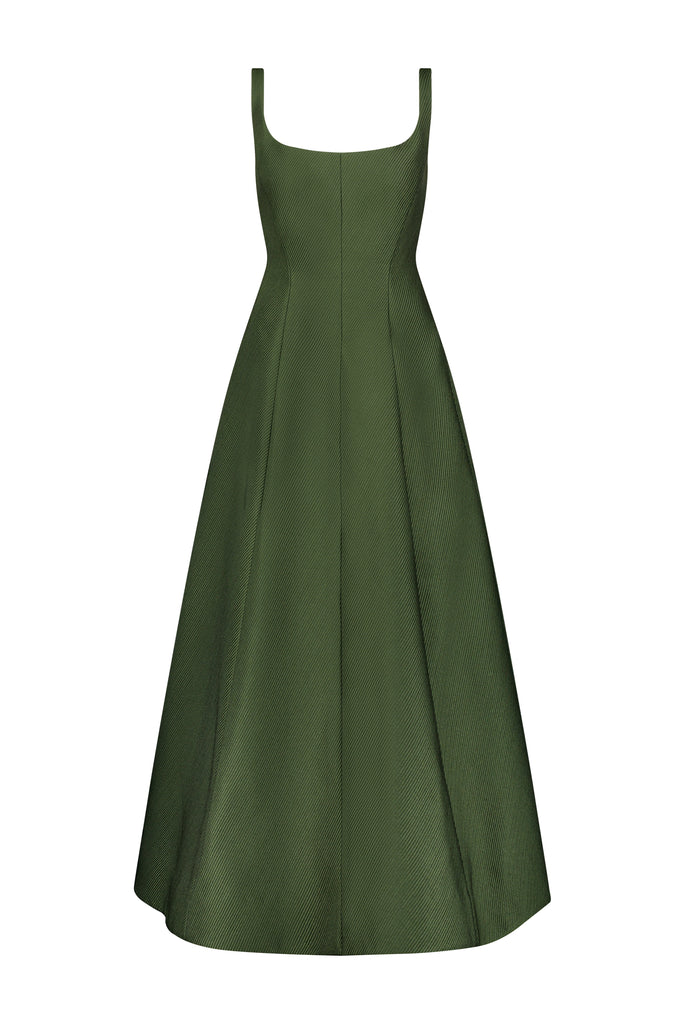 Textured Satin Seam Detail Scoop Neck Midi Dress in Forest