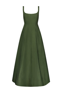 Textured Satin Seam Detail Scoop Neck Midi Dress in Forest