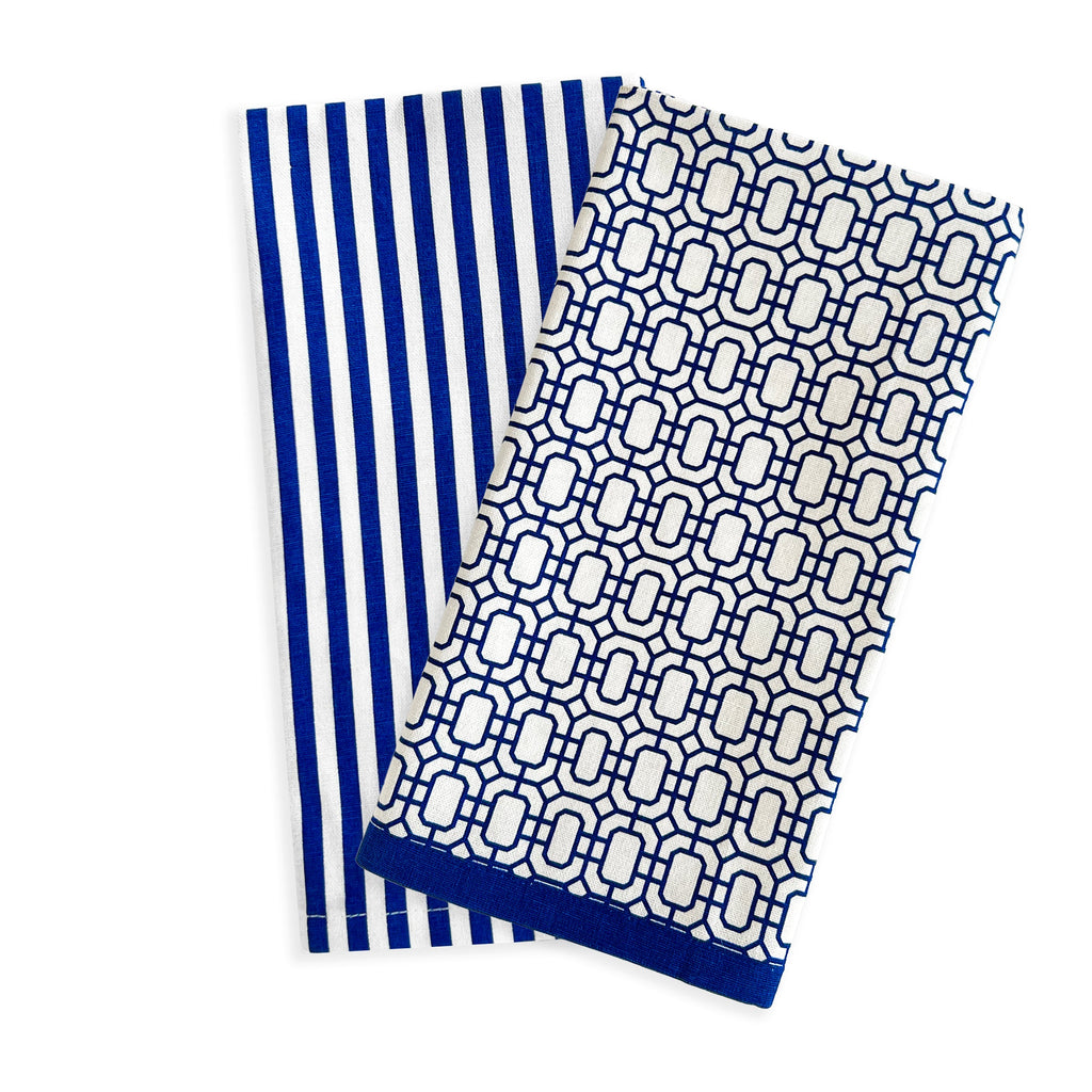 Newport Garden Gate & Pinstripe Blue Kitchen Towels, Mixed Set of 2
