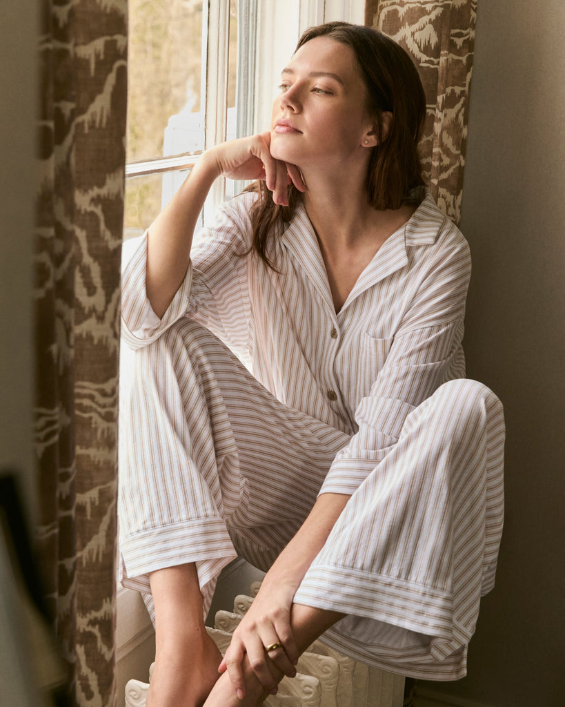 The Olivia Wide Leg Pima Pajama Set in Camel Ticking