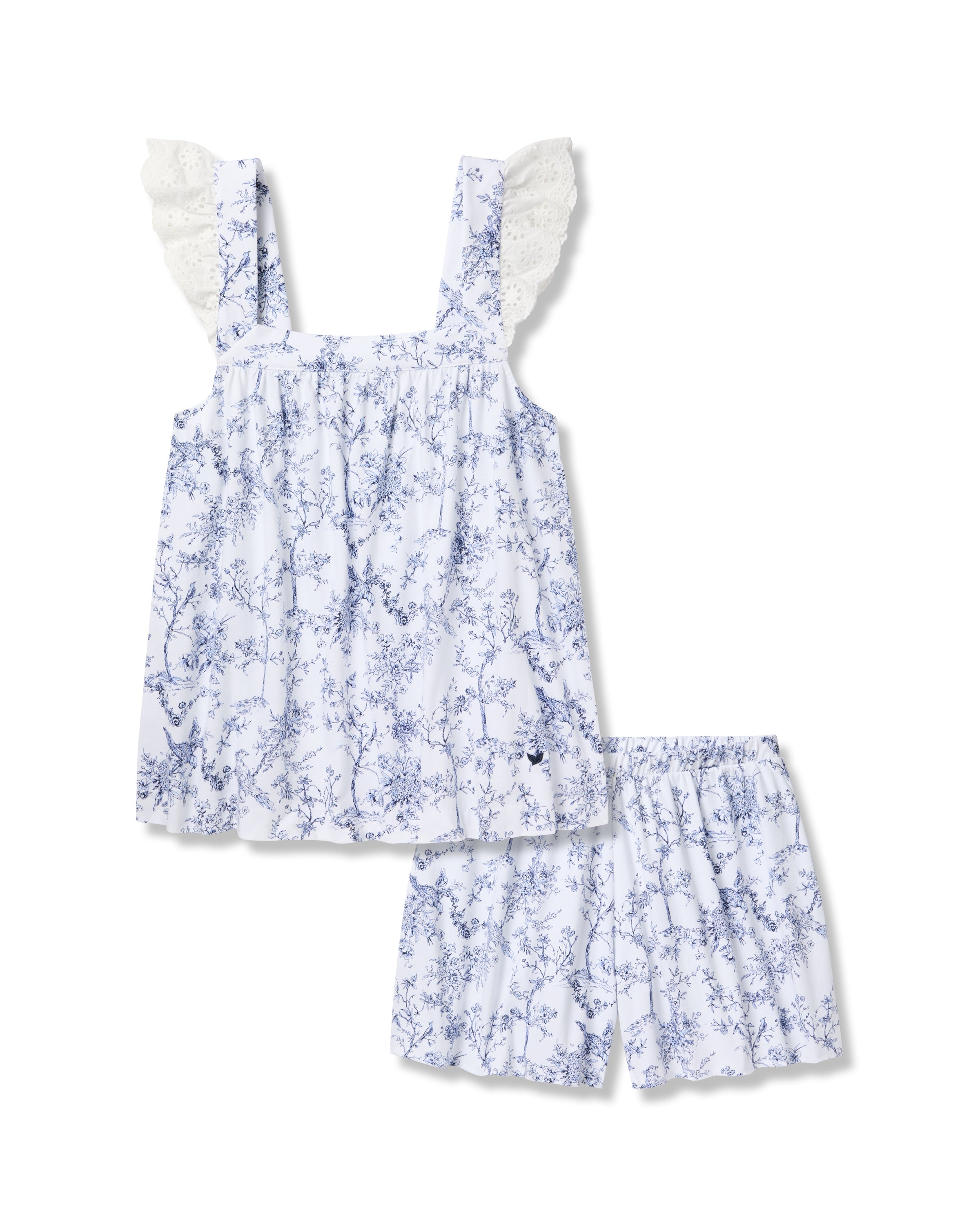 The Womens Pima Clara Short Set by Petite Plume exudes botanical elegance with a blue floral pattern on white. Featuring lace frilled shoulder straps, this sleeveless top and shorts set is perfect for any occasion.