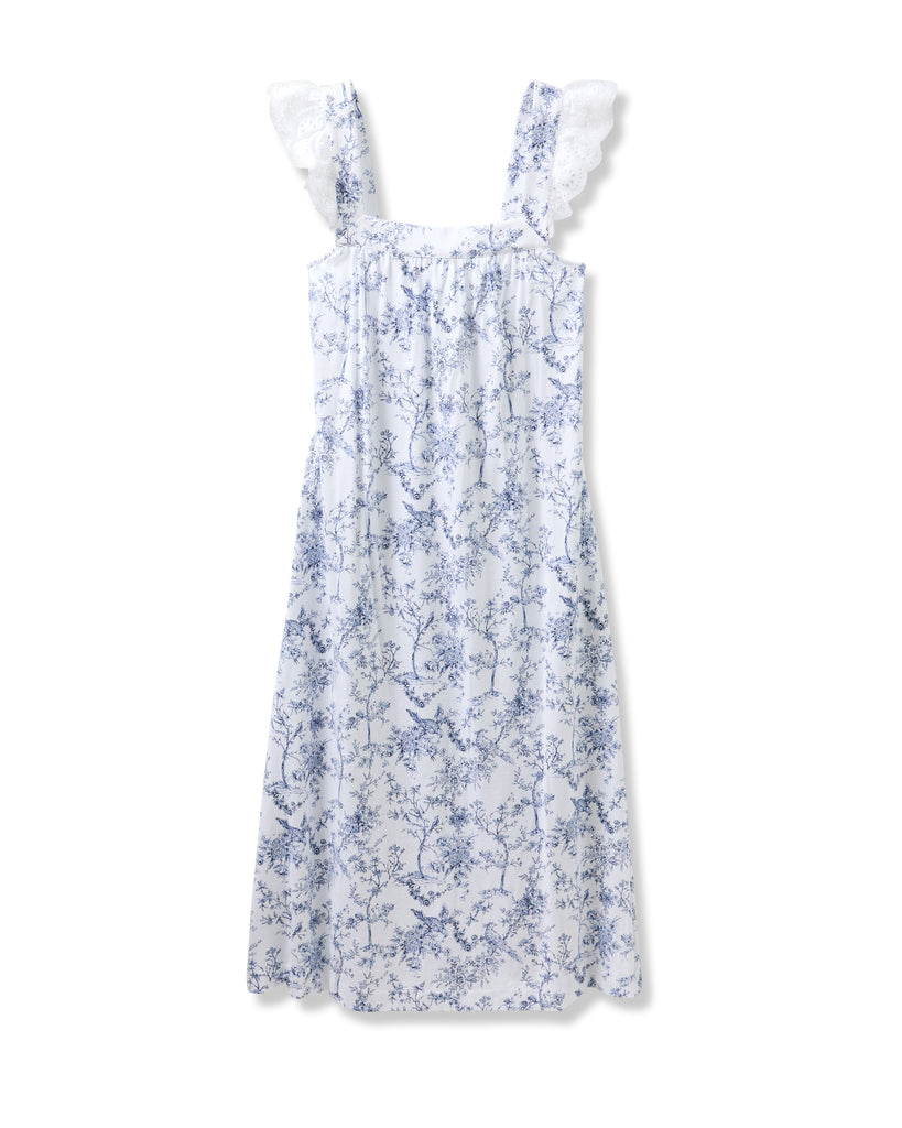 Womens Pima Clara Nightgown in Timeless Toile by Petite Plume is a sleeveless white dress with blue floral patterns, lace-trimmed shoulders, and a soft jersey knit for comfort.
