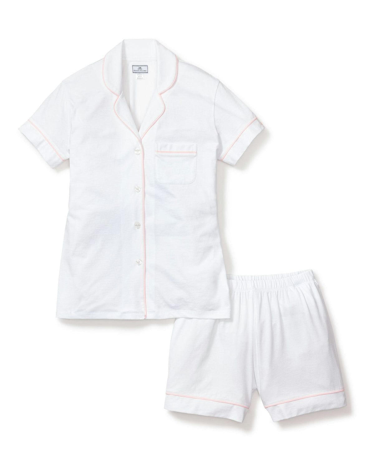 Women’s Pima Short Sleeve Short Set in White & Pink