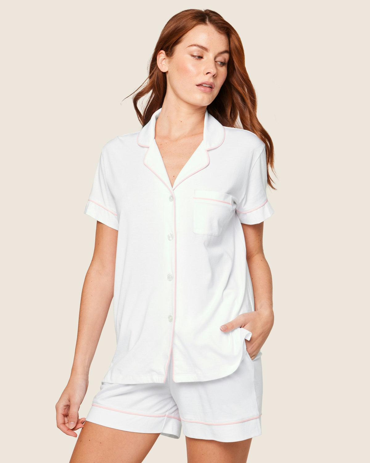 Women’s Pima Short Sleeve Short Set in White & Pink
