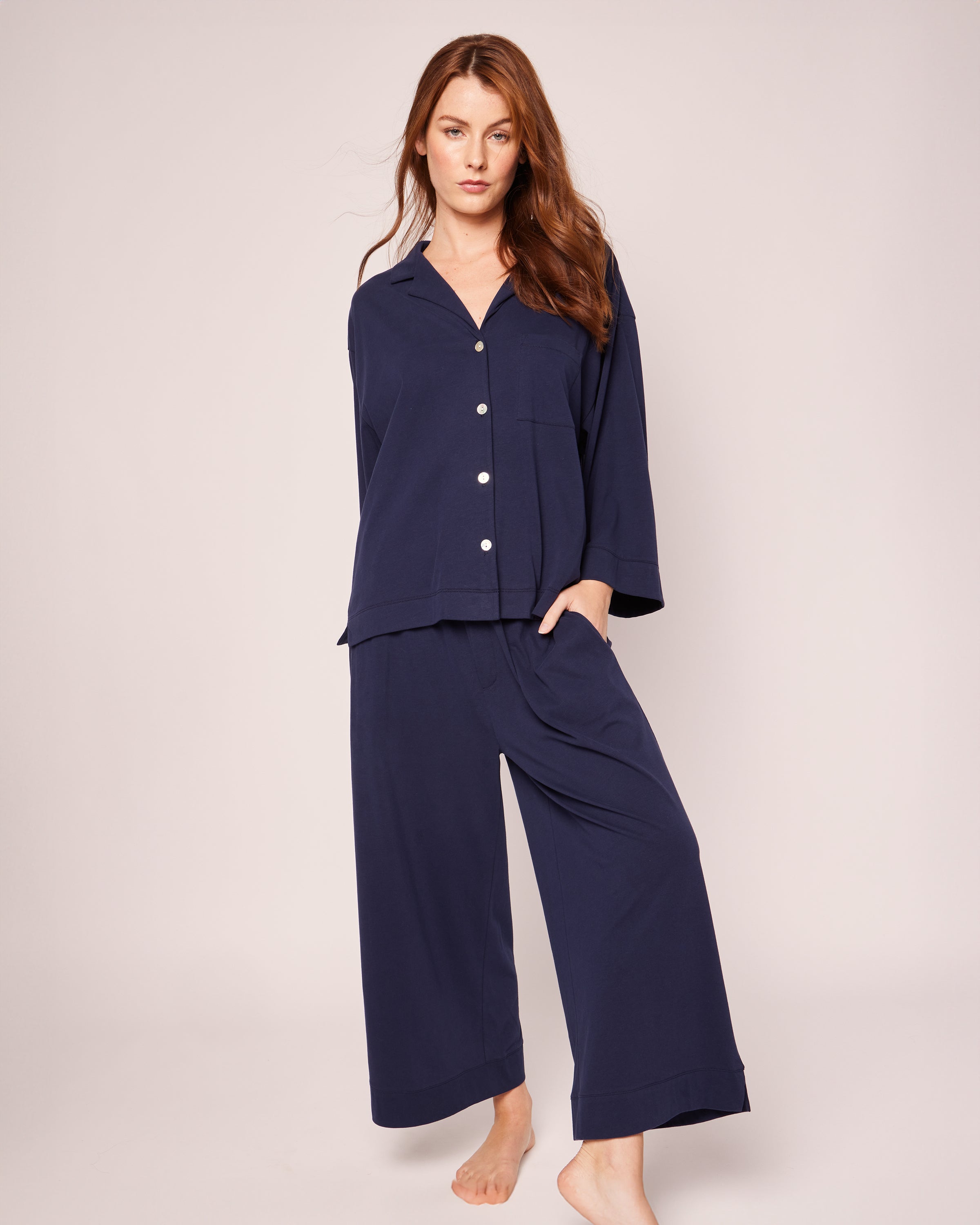 The Olivia Wide Leg Pima Pajama Set in Navy