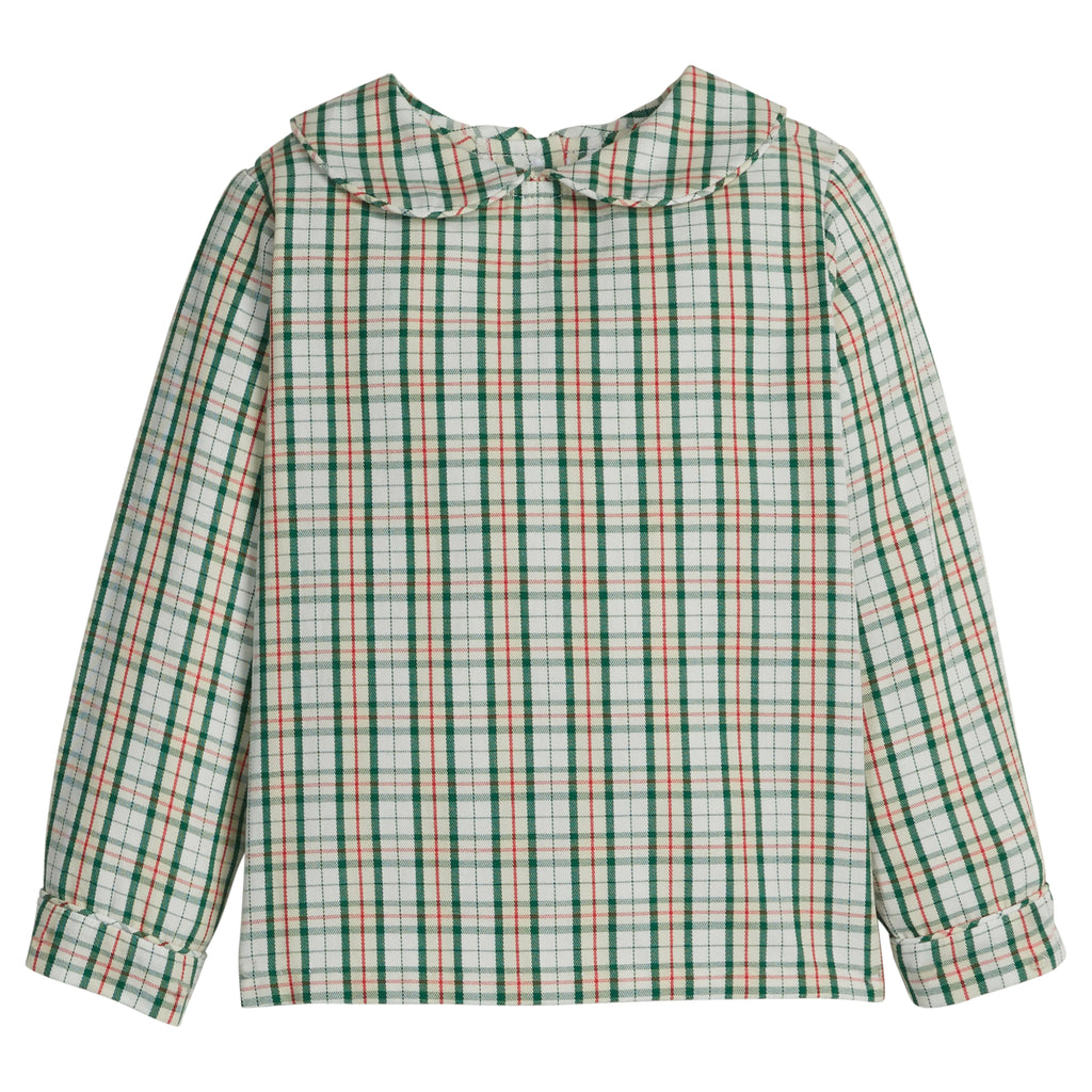 little english classic children's clothing boys long sleeve peter pan collared shirt in a cream, red, and green plaid for holiday