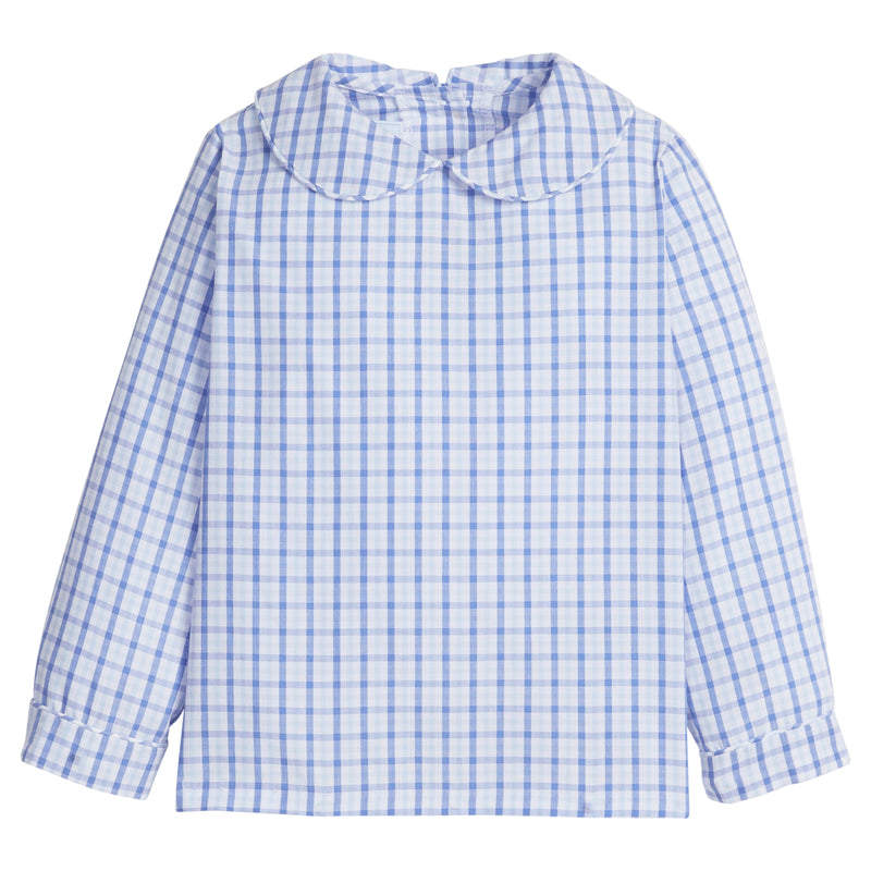 Little English classic peter pan shirt for little boys. Blue and white plaid shirt with peter pan collar for Fall
