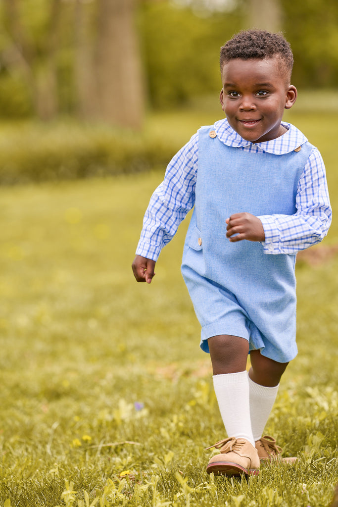 Little English classic peter pan shirt for little boys. Blue and white woodberry plaid shirt with peter pan collar, vintage button tab john john in alaskan flannel for Fall