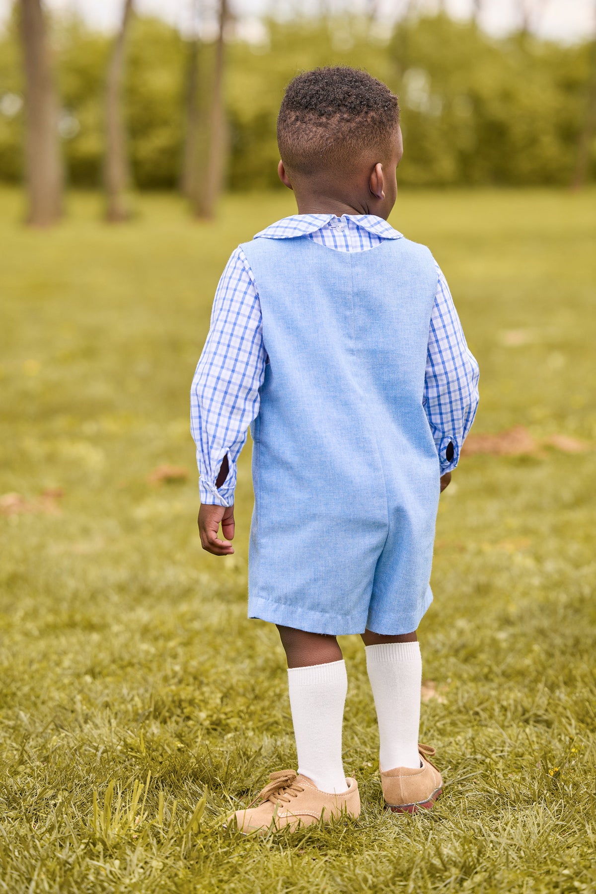 Little English classic peter pan shirt for little boys. Blue and white woodberry plaid shirt with peter pan collar, vintage button tab john john in alaskan flannel for Fall