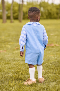 Little English classic peter pan shirt for little boys. Blue and white woodberry plaid shirt with peter pan collar, vintage button tab john john in alaskan flannel for Fall