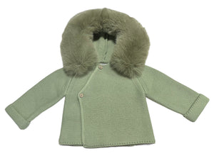 Knit Jacket with Removable Fur Hood in Sage