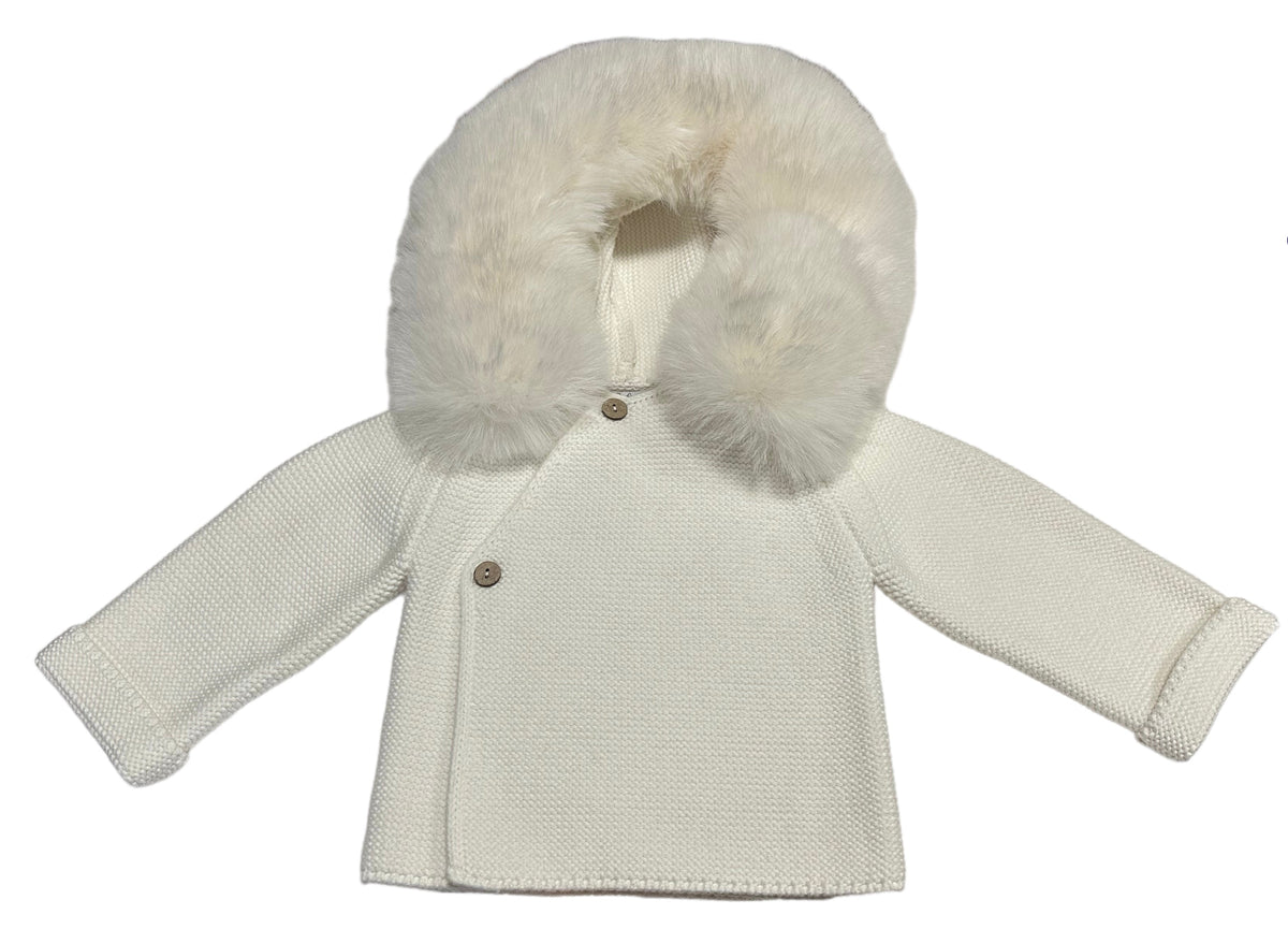 Knit Jacket with Removable Fur Hood in Cream