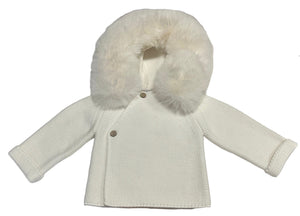 Knit Jacket with Removable Fur Hood in Cream
