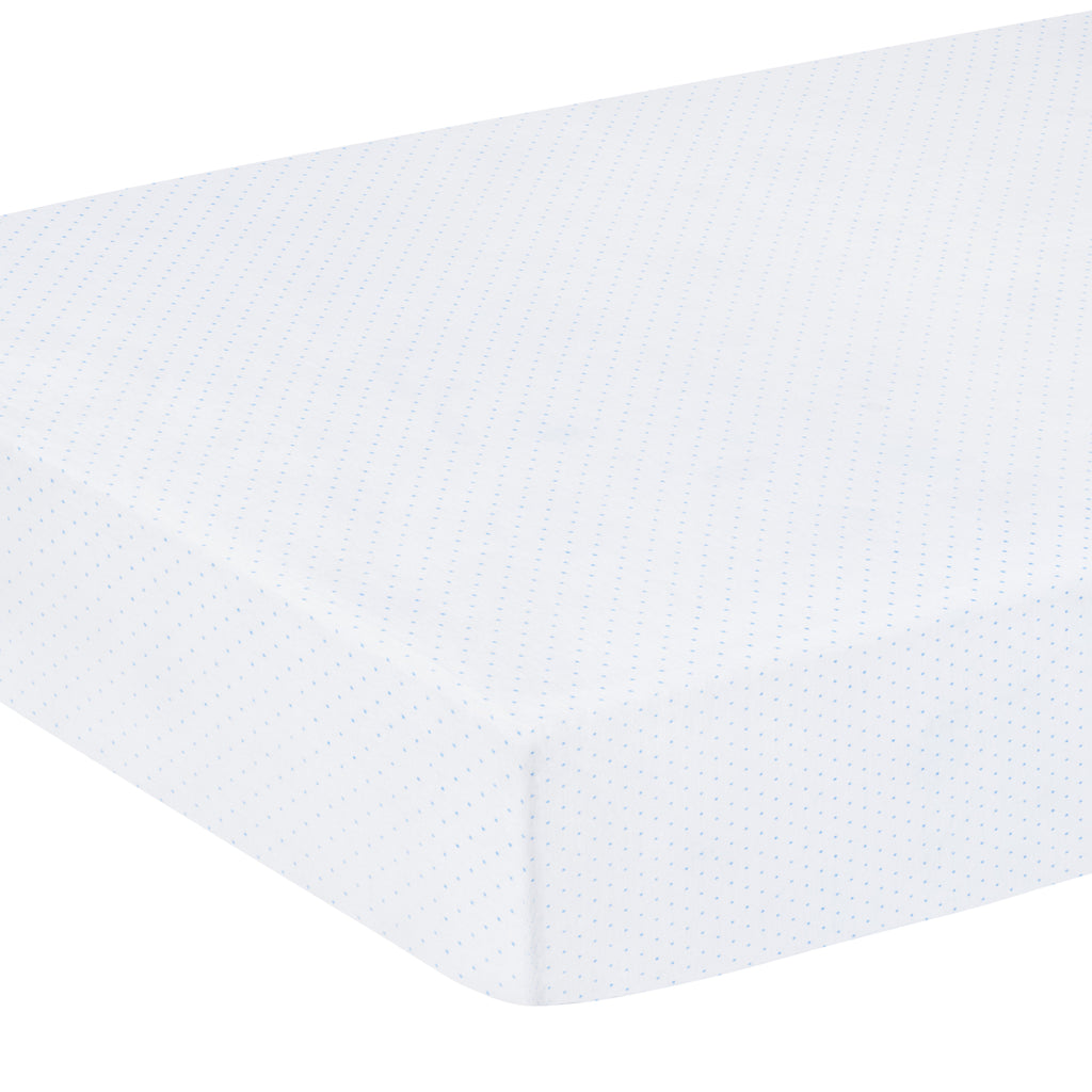 little english classic children's clothing pima crib sheet with white background and light blue micro dot all over print