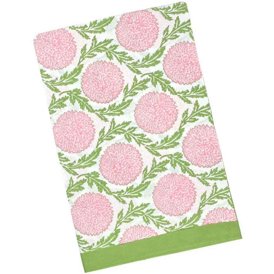 hand block printed pink flowers and green vines tablecloth