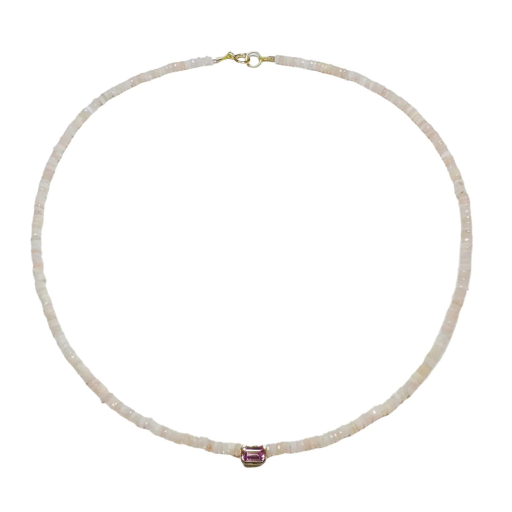 Pink Opal Heishi Necklace With Bezel Set Pink Tourmaline
