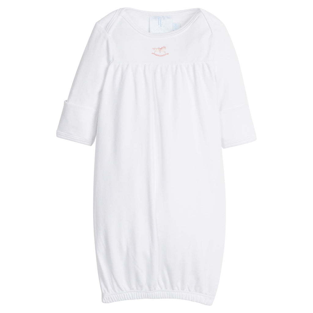 Little English traditional baby gift, white pima cotton long sleeve newborn gown with pink rocking horse embroidered at the center of the chest for baby girl