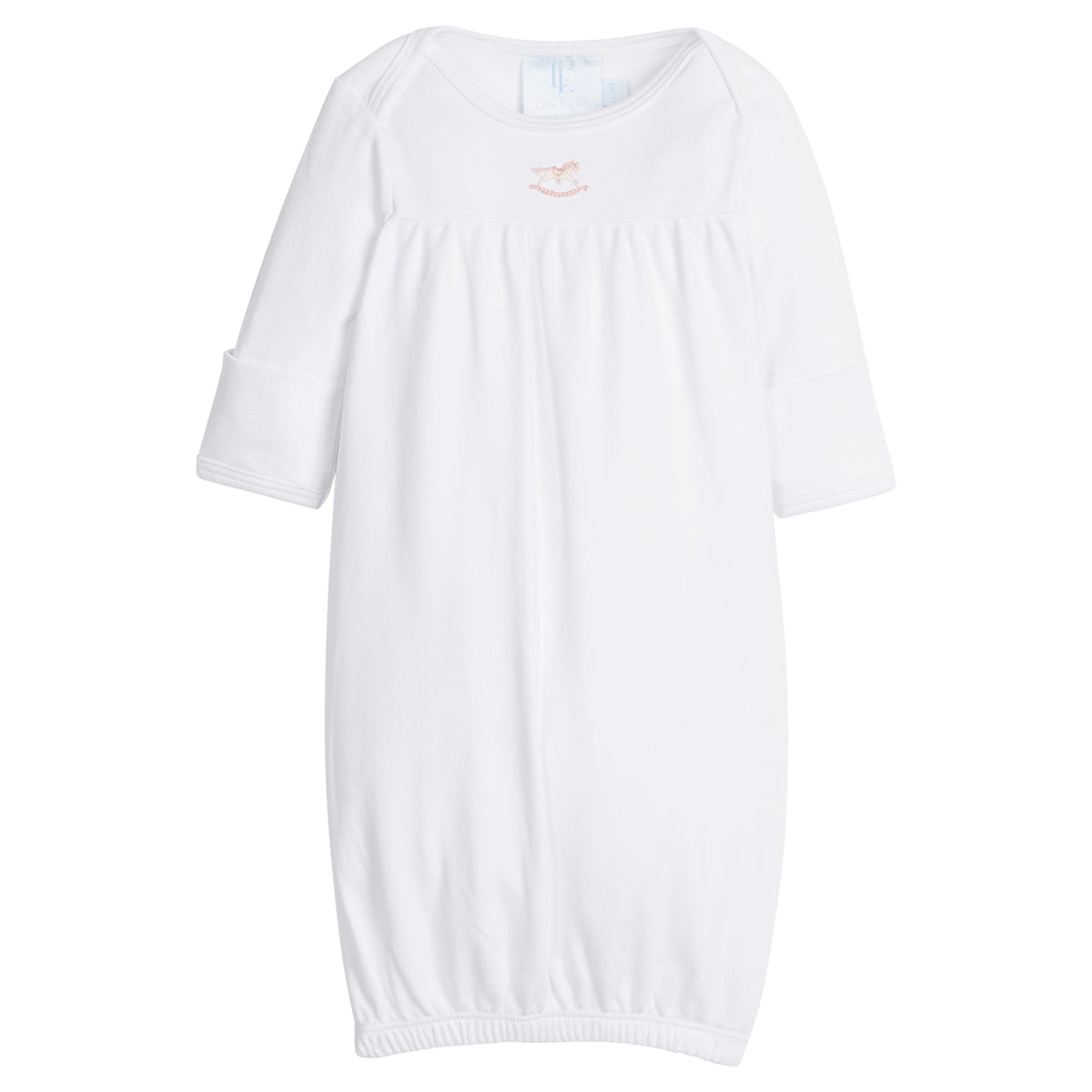 Little English traditional baby gift, white pima cotton long sleeve newborn gown with pink rocking horse embroidered at the center of the chest for baby girl